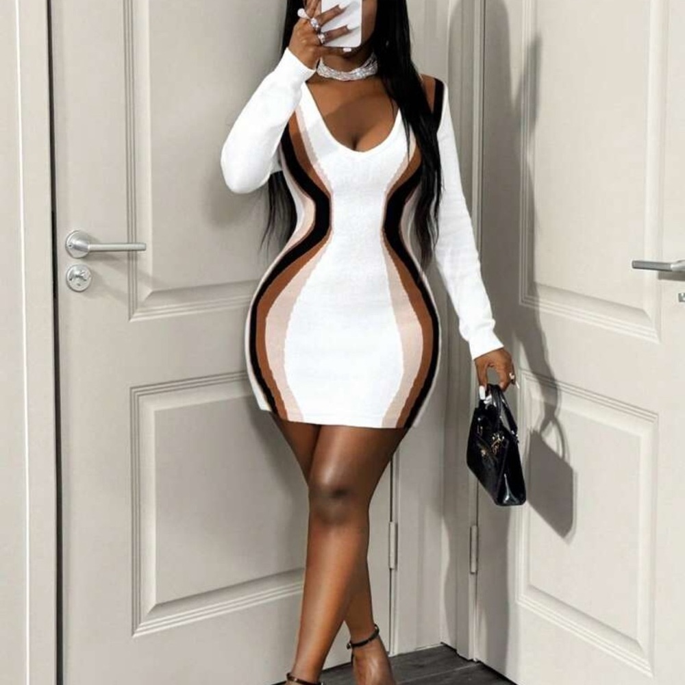 White and Tan Long Sleeve sweater Dress